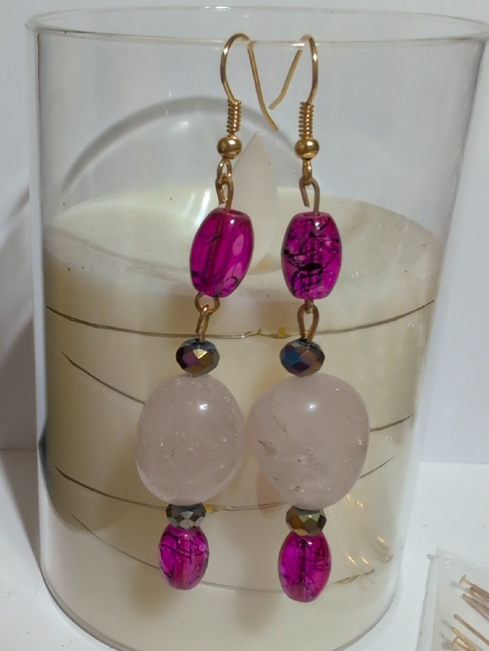 NWOT Handmade Gold-Tone Pink Stone Drop Earrings